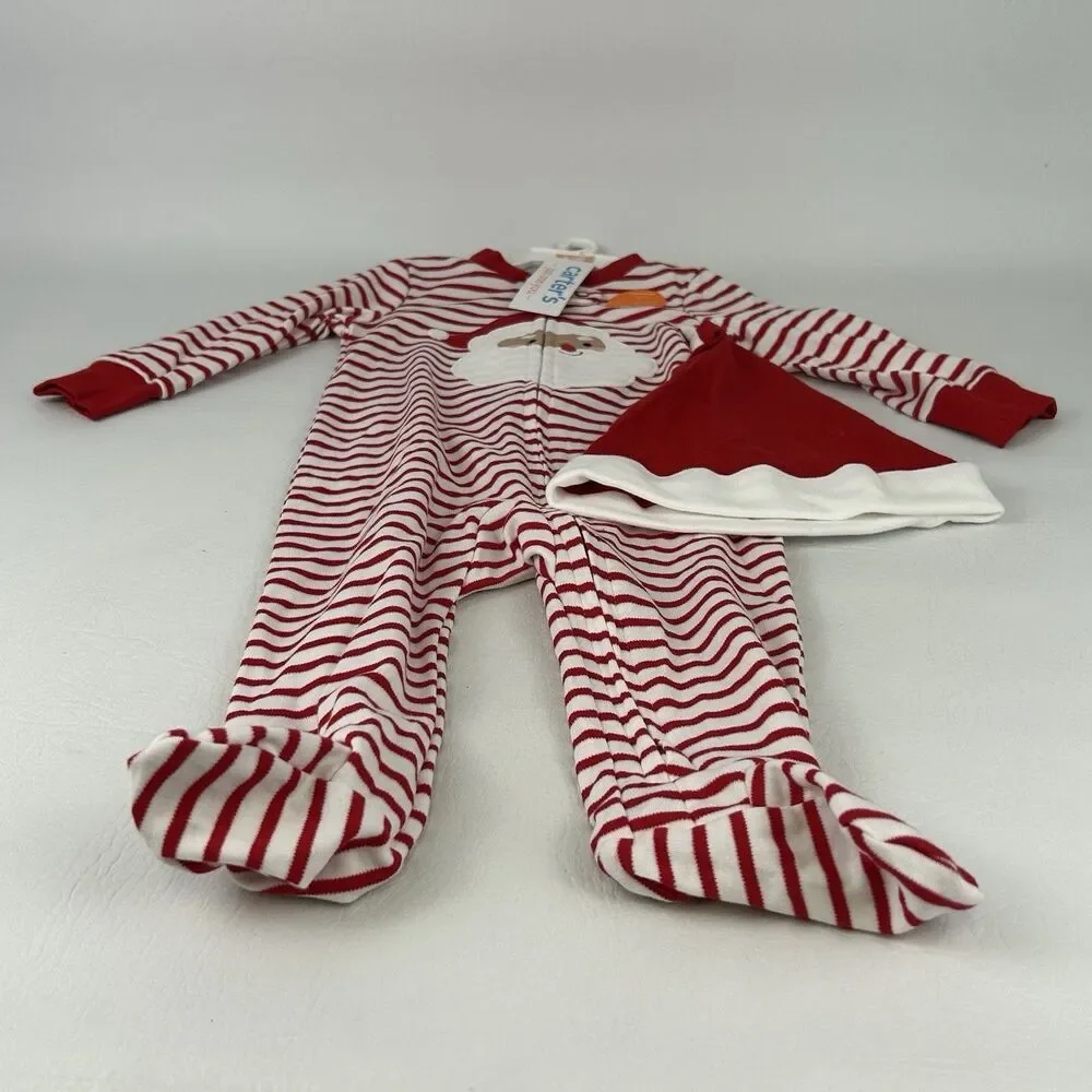 Carter’s Christmas Footed Pajamas Size 9M Set Hat Lot Santa Claus 2 Way Zipper
